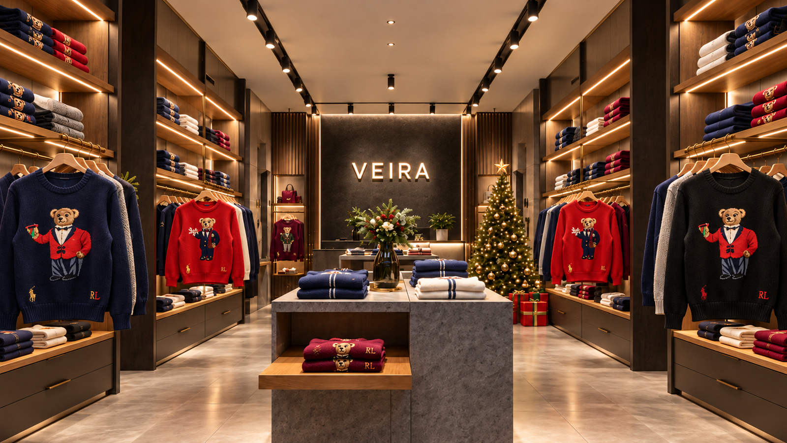 VEIRA Christmas concept boutique with bear sweaters, polo rider emblems and RL embroidery